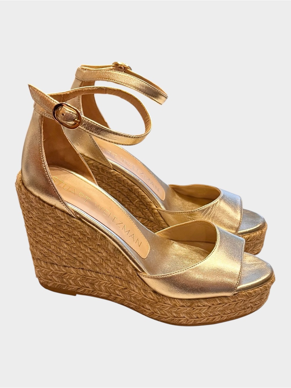 STUART WEITZMAN Gold Metallic Espadrille Platform Wedge Sandals Size 6 - Picture 4 of 8